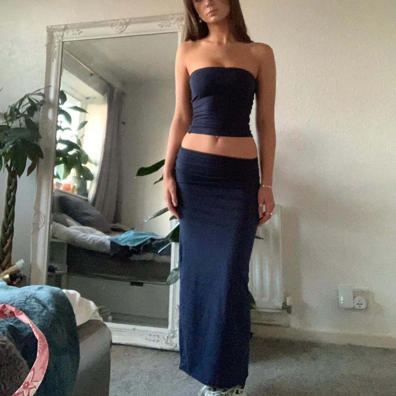 2 Piece Maxi Skirt Sets for Women Sexy Strapless Tube Top High Waist Bodycon Long Skirt Set Y2k Two Piece Outfits