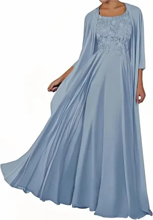 2 Piece Mother of The Bride Dresses with Jacket Long Chiffon Lace Mother of Groom Dresses for Wedding 3/4 Sleeve