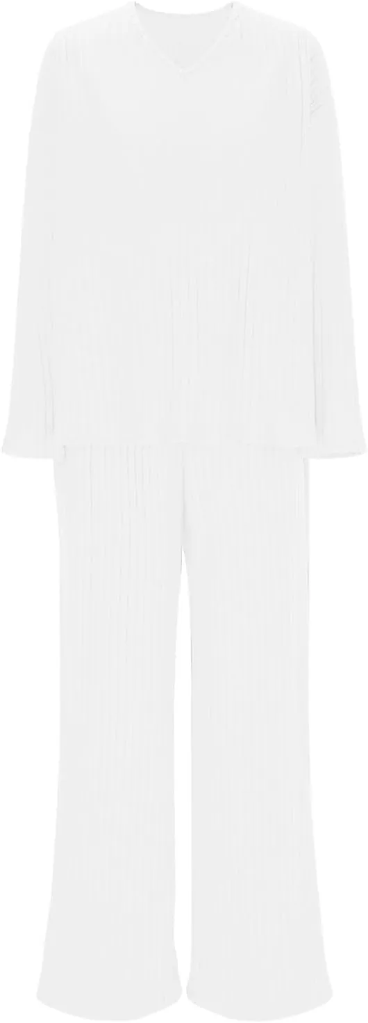 2 Piece Outfits for Women Knit Sweater Long Sleeve V Neck Tops and Baggy Wide Leg Pants 2024 Ribbed Fall Lounge Set