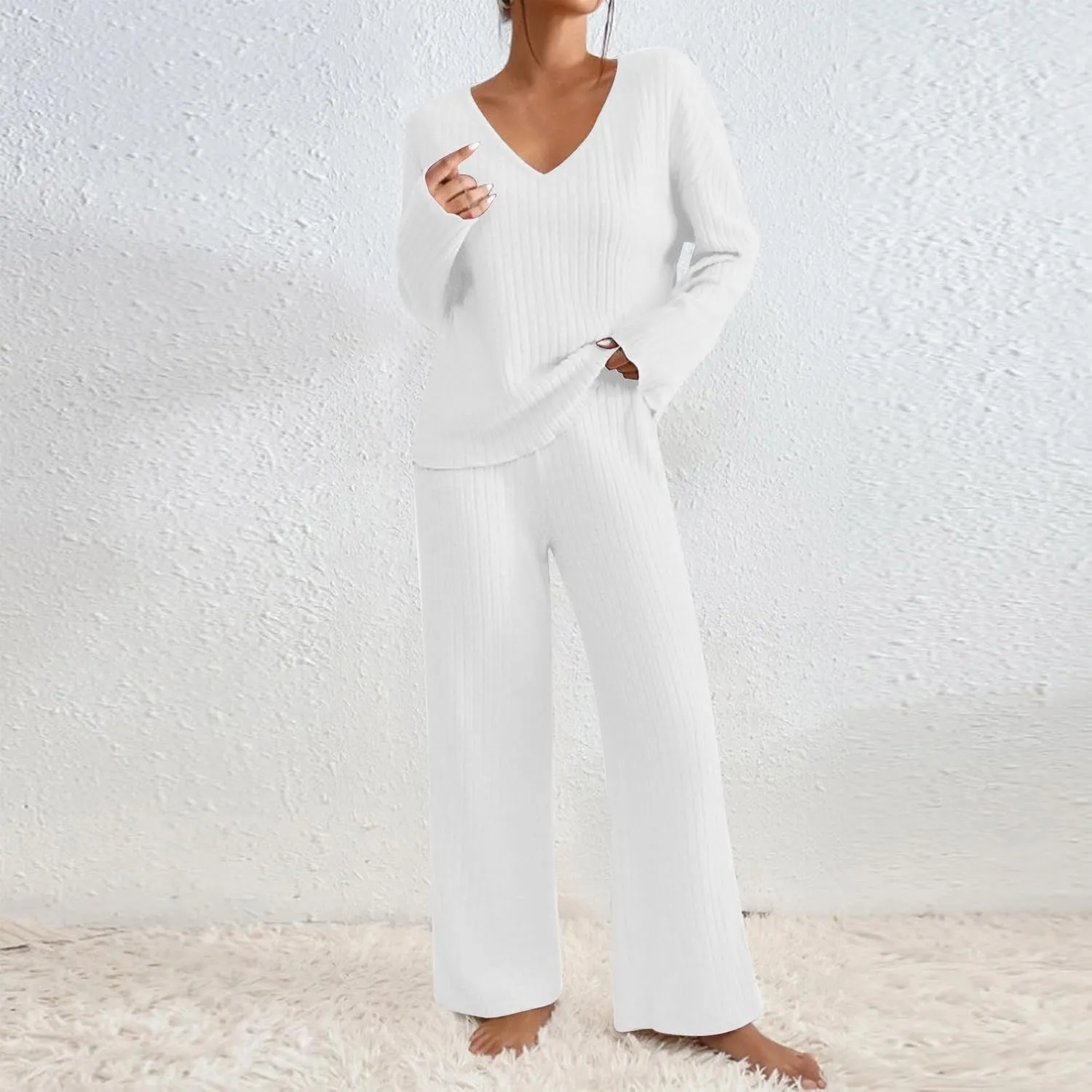 2 Piece Outfits for Women Knit Sweater Long Sleeve V Neck Tops and Baggy Wide Leg Pants 2024 Ribbed Fall Lounge Set