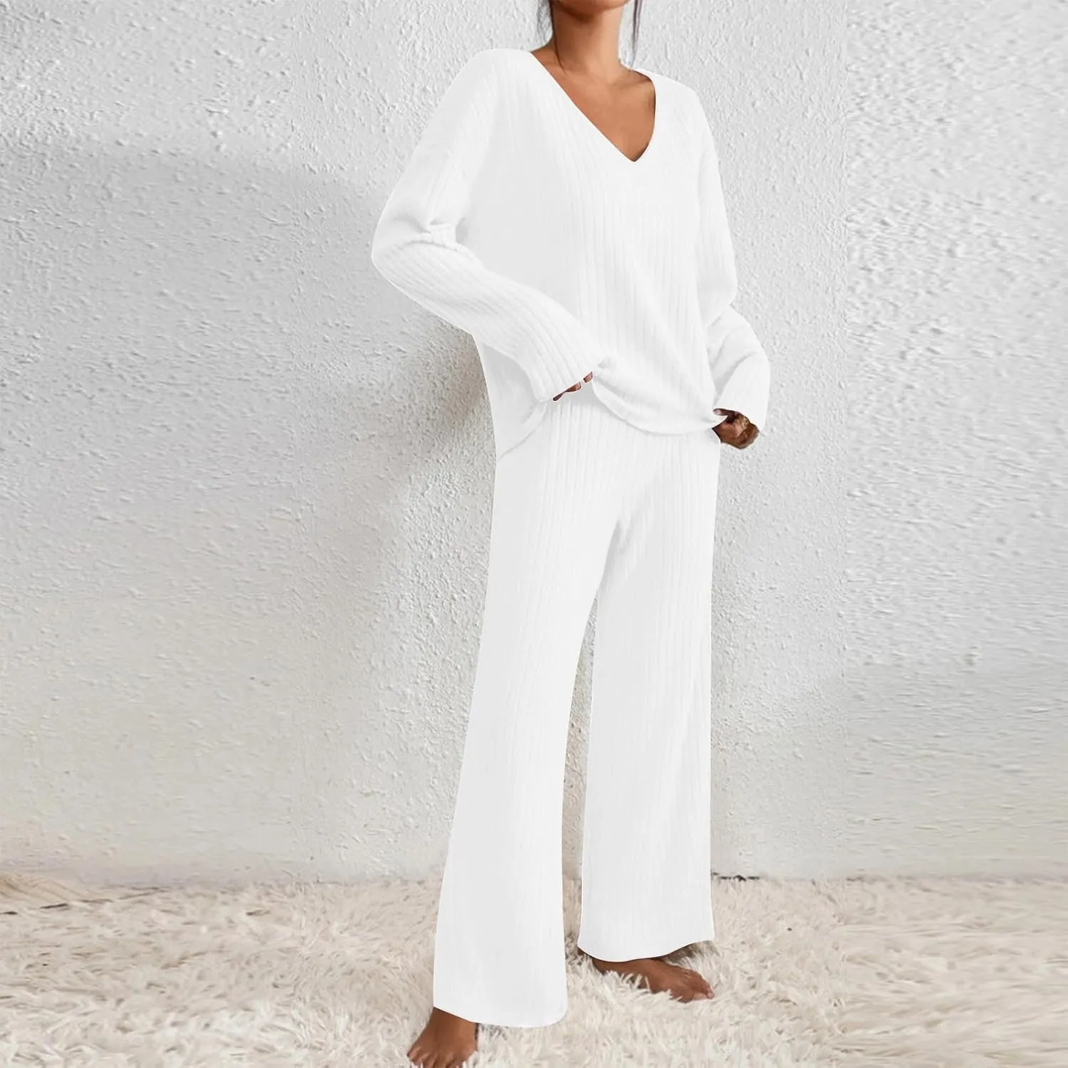 2 Piece Outfits for Women Knit Sweater Long Sleeve V Neck Tops and Baggy Wide Leg Pants 2024 Ribbed Fall Lounge Set
