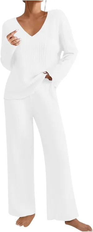 2 Piece Outfits for Women Knit Sweater Long Sleeve V Neck Tops and Baggy Wide Leg Pants 2024 Ribbed Fall Lounge Set