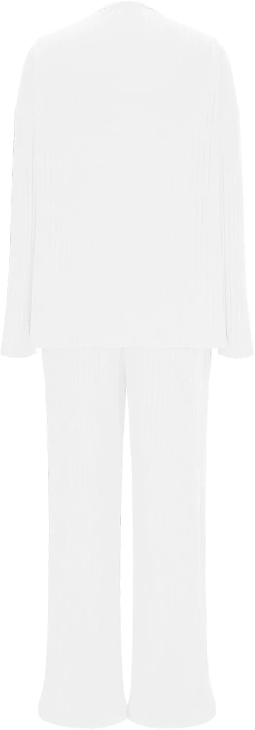 2 Piece Outfits for Women Knit Sweater Long Sleeve V Neck Tops and Baggy Wide Leg Pants 2024 Ribbed Fall Lounge Set