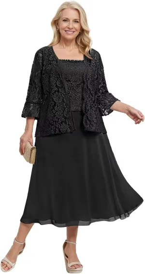 2 Pieces Mother of The Bride Dresses for Wedding 3/4 Sleeve Lace Appliques Chiffon Formal Evening Gown with Jacket
