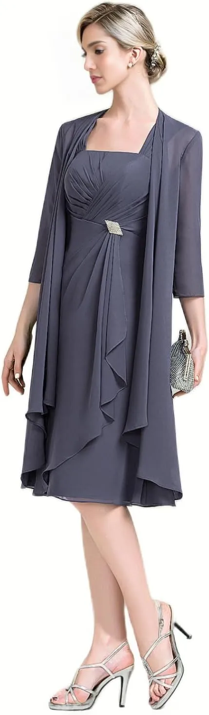 2 Pieces Mother of The Bride Dresses for Wedding Half Sleeve Chiffon Pleated Formal Evening Dress