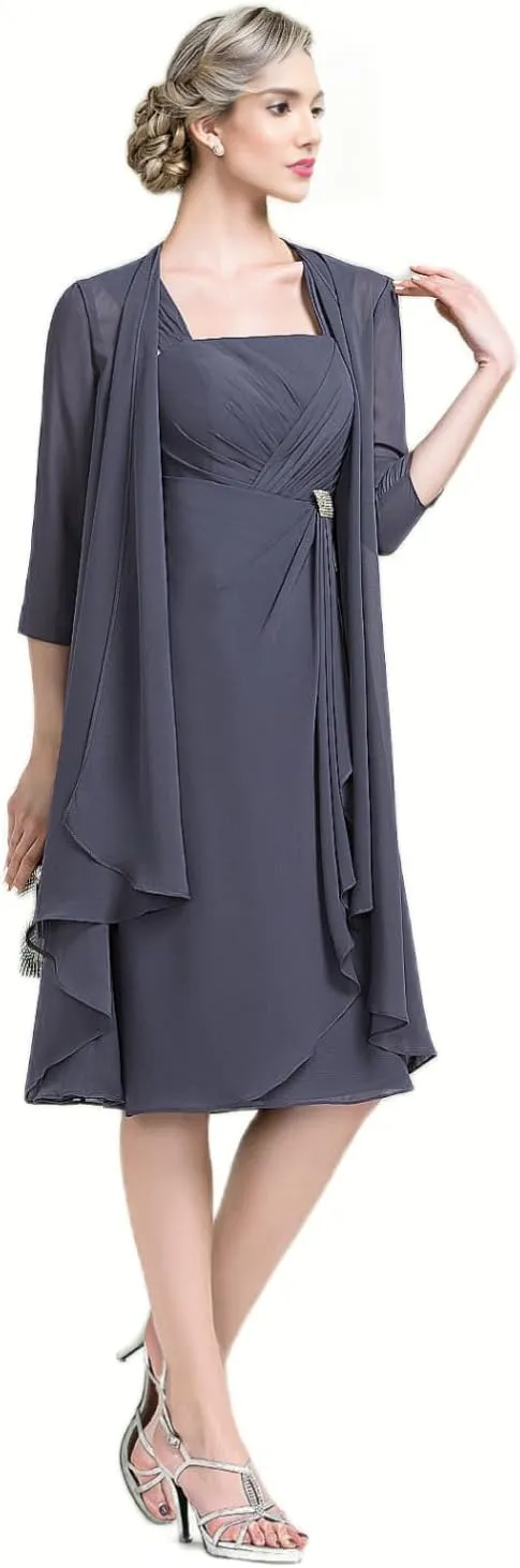 2 Pieces Mother of The Bride Dresses for Wedding Half Sleeve Chiffon Pleated Formal Evening Dress