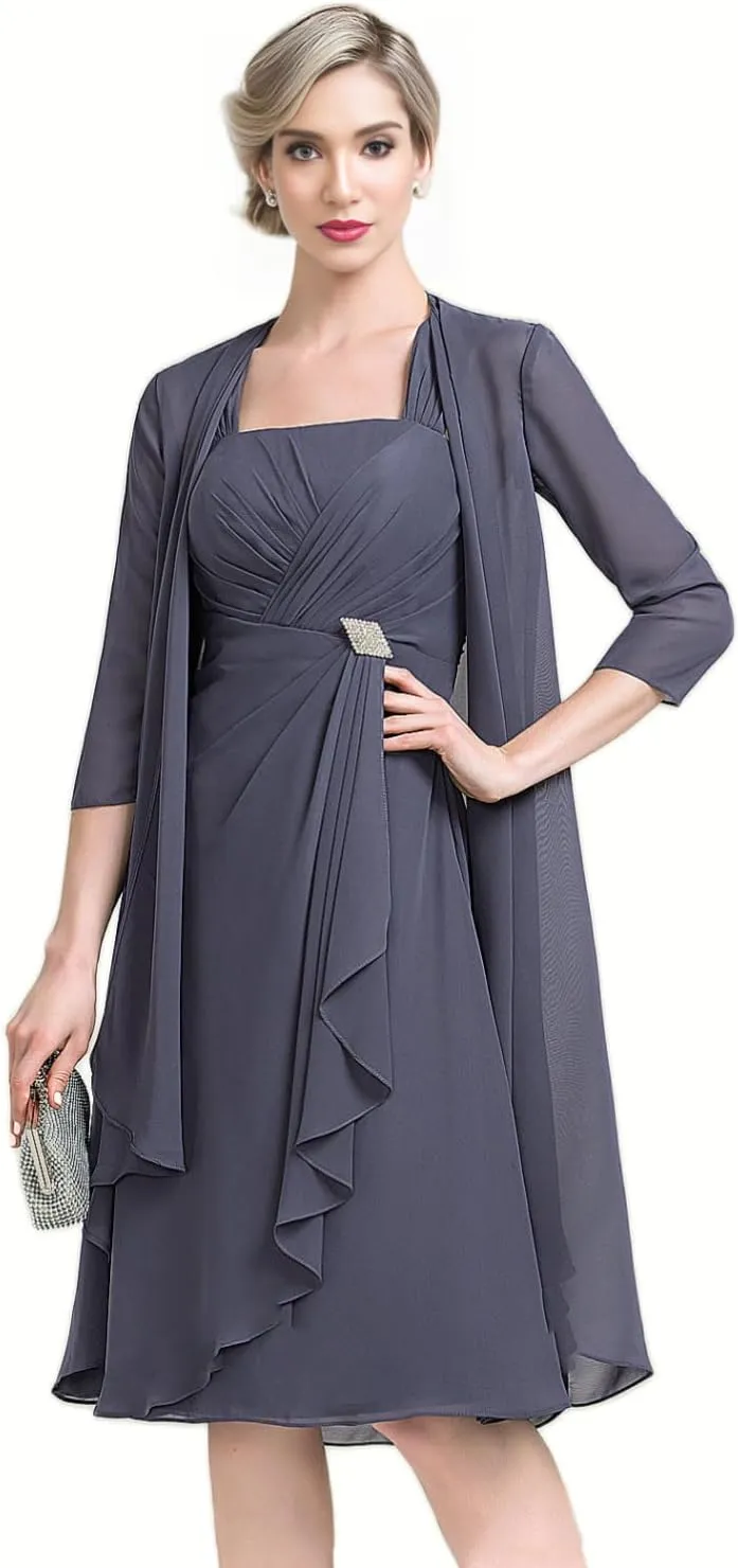2 Pieces Mother of The Bride Dresses for Wedding Half Sleeve Chiffon Pleated Formal Evening Dress