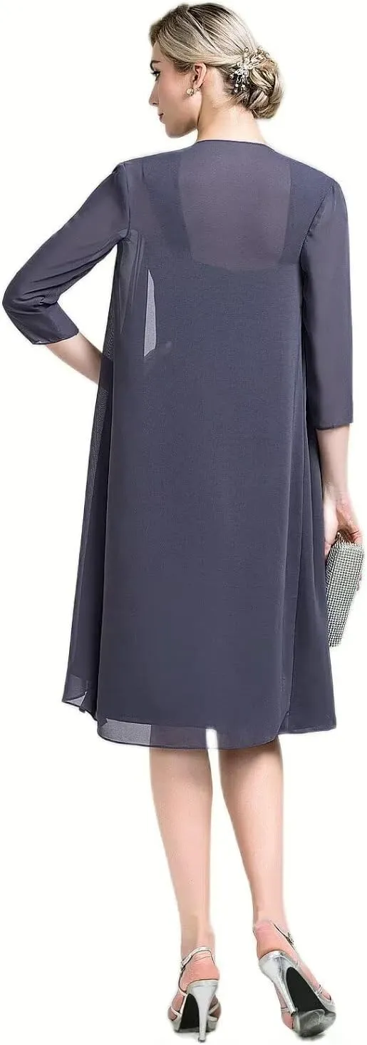 2 Pieces Mother of The Bride Dresses for Wedding Half Sleeve Chiffon Pleated Formal Evening Dress