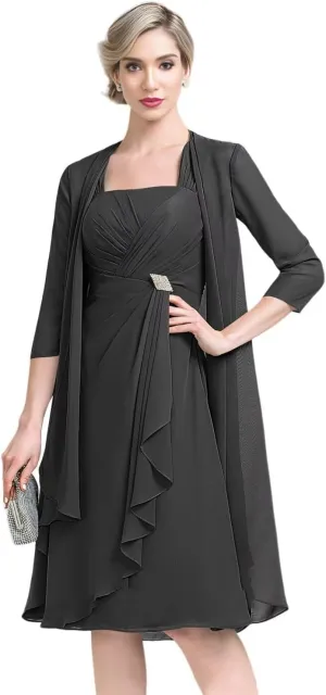 2 Pieces Mother of The Bride Dresses for Wedding Half Sleeve Chiffon Pleated Formal Evening Dress