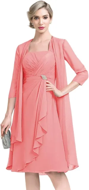 2 Pieces Mother of The Bride Dresses for Wedding Half Sleeve Chiffon Pleated Formal Evening Dress
