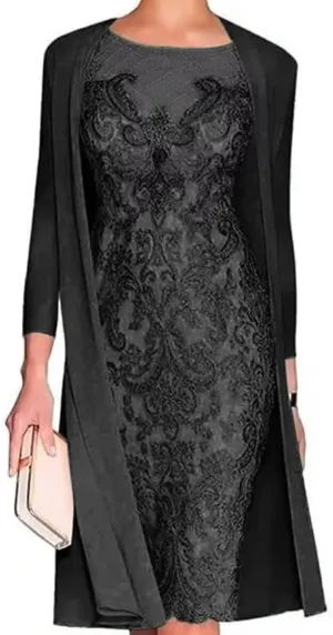 2 Pieces Mother of The Bride Dresses with Jacket Tea Length Laces Chiffon Formal Evening Gowns for Wedding Party Guest Black