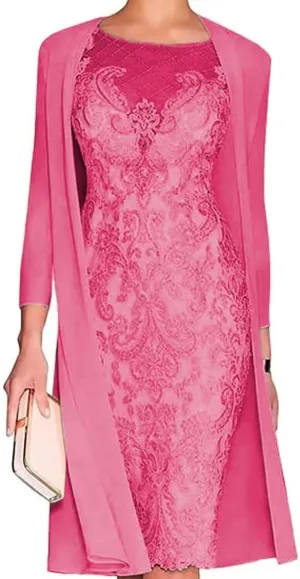 2 Pieces Mother of The Bride Dresses with Jacket Tea Length Laces Chiffon Formal Evening Gowns for Wedding Party Guest Hot Pink