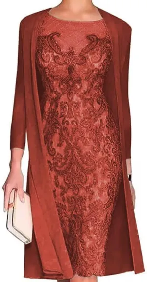 2 Pieces Mother of The Bride Dresses with Jacket Tea Length Laces Chiffon Formal Evening Gowns for Wedding Party Guest Rust Red