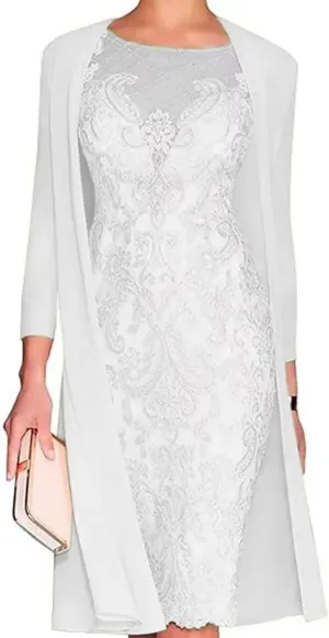 2 Pieces Mother of The Bride Dresses with Jacket Tea Length Laces Chiffon Formal Evening Gowns for Wedding Party Guest White