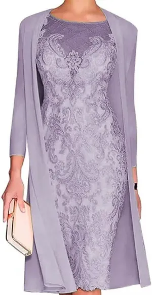 2 Pieces Mother of The Bride Dresses with Jacket Tea Length Laces Chiffon Formal Evening Gowns for Wedding Party Guest Wisteria