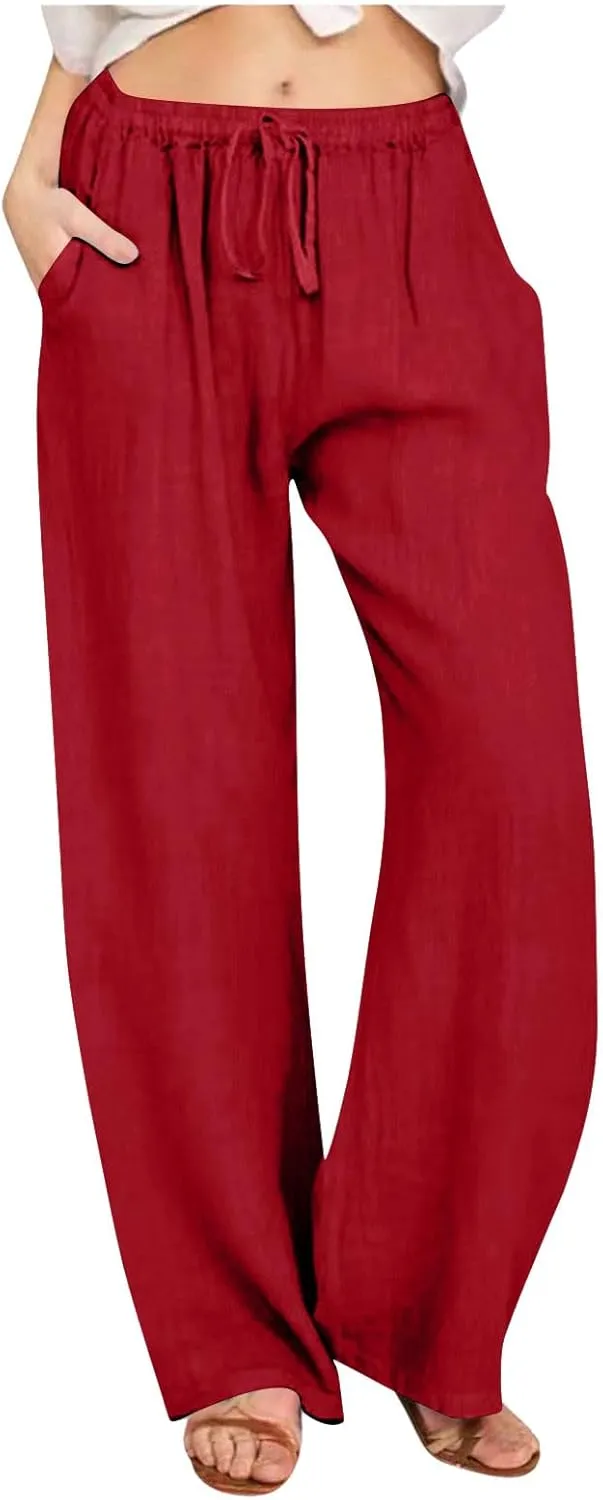 2024 Fashion Cotton Linen Pants Women's Summer Casual Drawstring Wide Leg Palazzo Pants Loose Comfy Trousers Pockets
