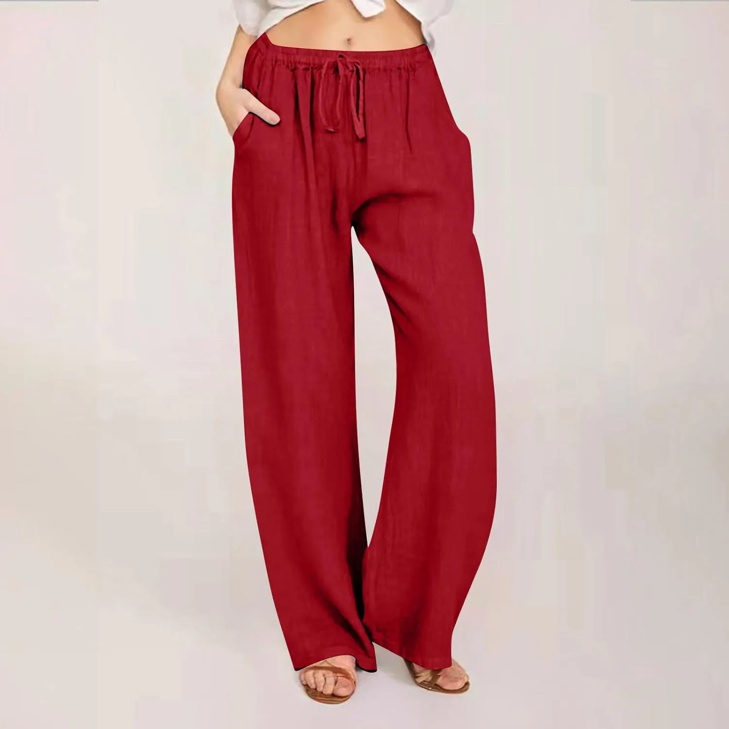 2024 Fashion Cotton Linen Pants Women's Summer Casual Drawstring Wide Leg Palazzo Pants Loose Comfy Trousers Pockets