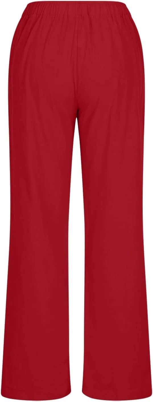 2024 Fashion Cotton Linen Pants Women's Summer Casual Drawstring Wide Leg Palazzo Pants Loose Comfy Trousers Pockets