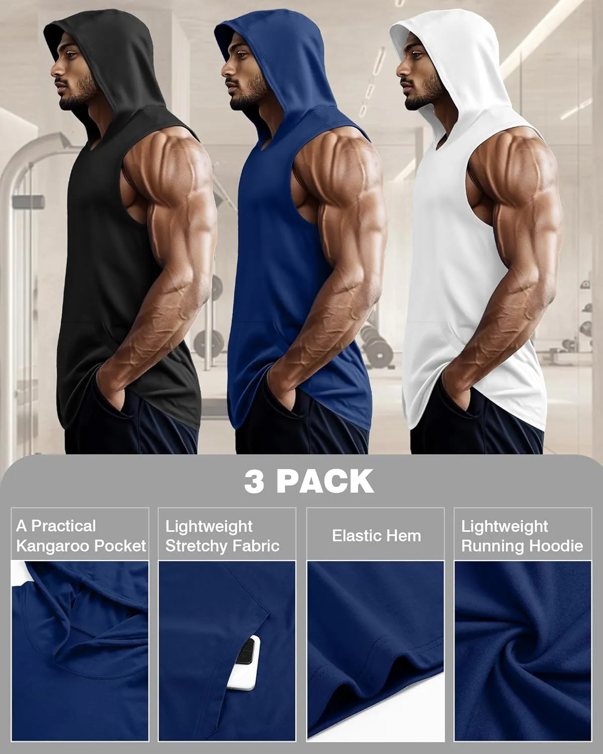 3 Pack Men's Big & Tall Workout Hooded Tank Tops, Cotton Sleeveless Gym Hoodies Bodybuilding Muscle Cut Off Shirts