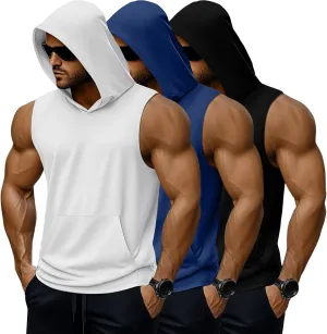 3 Pack Men's Big & Tall Workout Hooded Tank Tops, Cotton Sleeveless Gym Hoodies Bodybuilding Muscle Cut Off Shirts