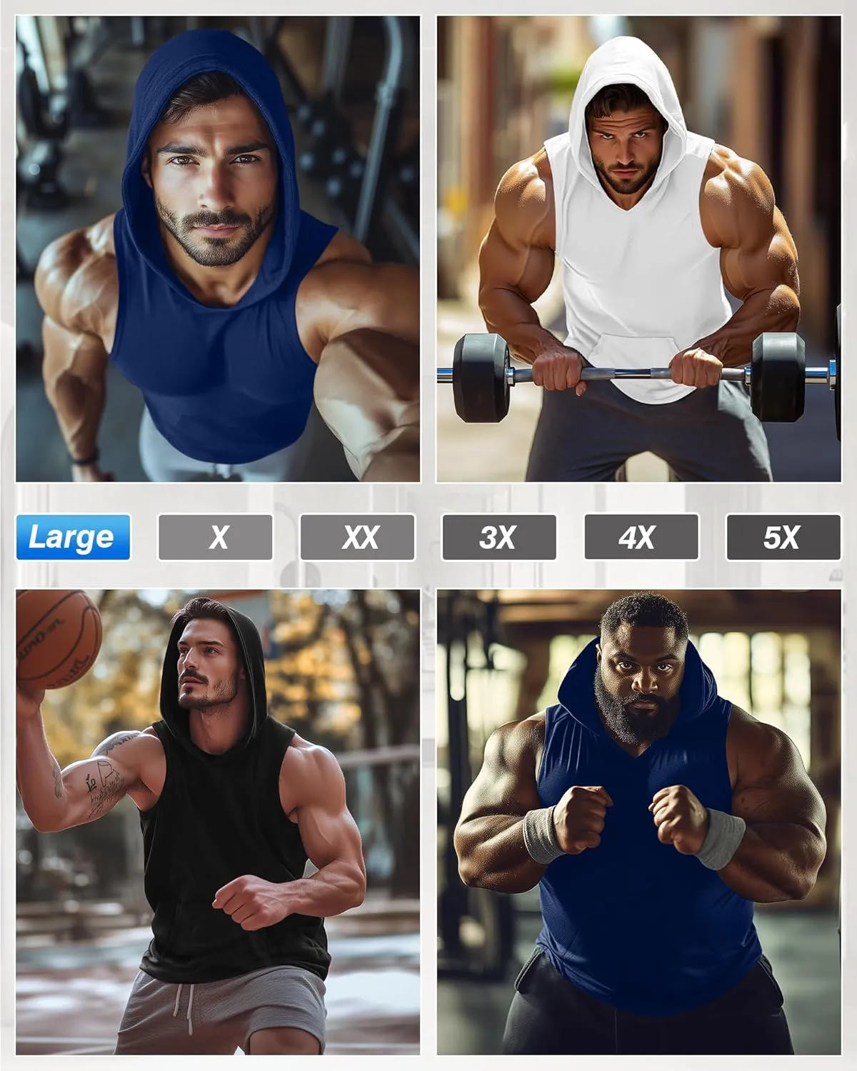 3 Pack Men's Big & Tall Workout Hooded Tank Tops, Cotton Sleeveless Gym Hoodies Bodybuilding Muscle Cut Off Shirts