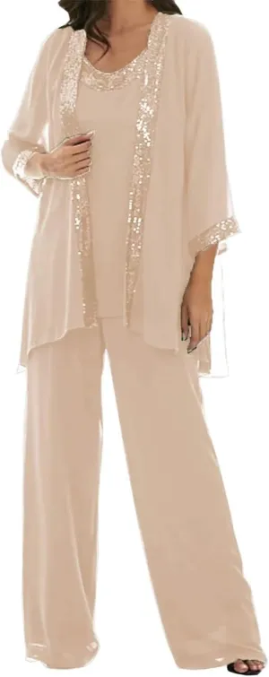 3 Pcs Mother of The Bride Dresses Pantsuit for Wedding 3/4 Sleeves Formal Pants Outfit with Jacket