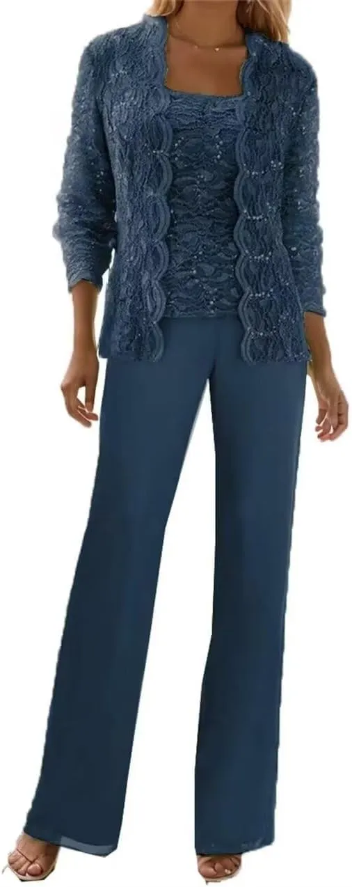3 Pcs Mother of The Bride Dresses Pantsuit for Wedding Lace Sequins Formal Outfits with Jacket