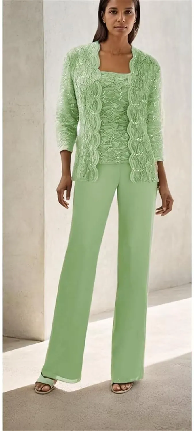 3 Pcs Mother of The Bride Dresses Pantsuit for Wedding Lace Sequins Formal Outfits with Jacket