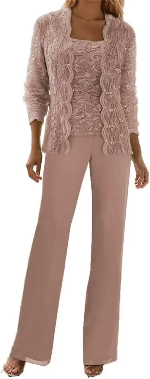 3 Pcs Mother of The Bride Dresses Pantsuit for Wedding Lace Sequins Formal Outfits with Jacket