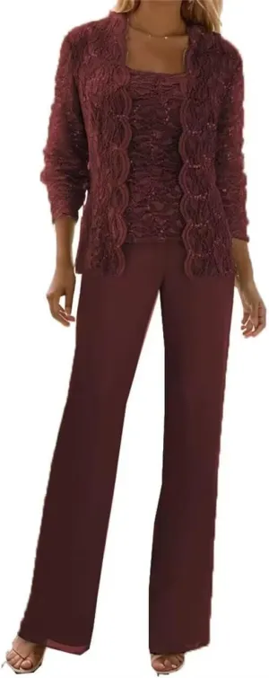 3 Pcs Mother of The Bride Dresses Pantsuit for Wedding Lace Sequins Formal Outfits with Jacket