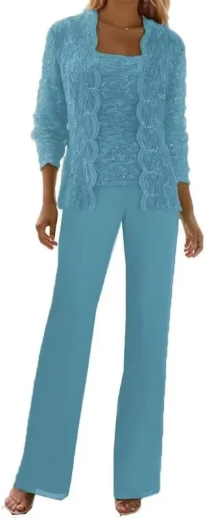 3 Pcs Mother of The Bride Dresses Pantsuit for Wedding Lace Sequins Formal Outfits with Jacket