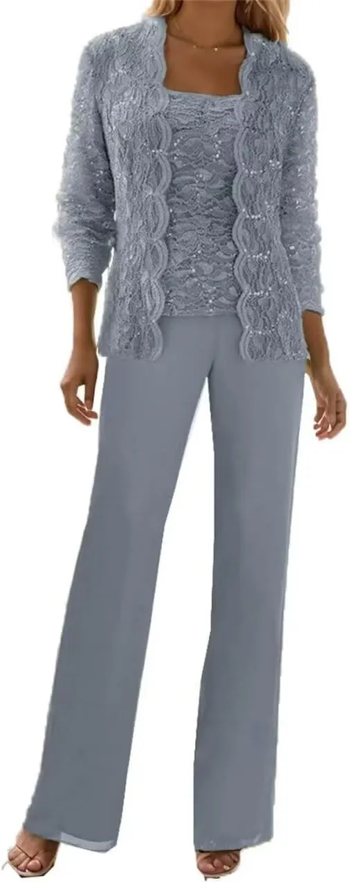 3 Pcs Mother of The Bride Dresses Pantsuit for Wedding Lace Sequins Formal Outfits with Jacket