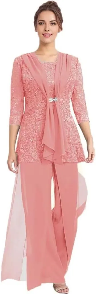 3 Pcs Mother of The Bride Pantsuit for Wedding Lace Sequins 3/4 Sleeves Formal Outfits with Jacket