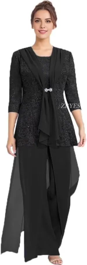 3 Pcs Mother of The Bride Pantsuit for Wedding Lace Sequins 3/4 Sleeves Formal Outfits with Jacket