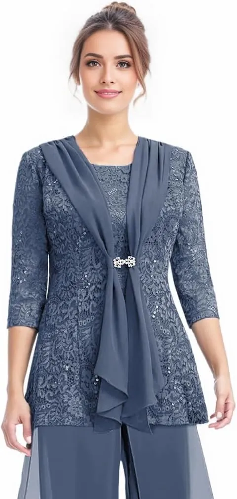 3 Pcs Mother of The Bride Pantsuit for Wedding Lace Sequins 3/4 Sleeves Formal Outfits with Jacket