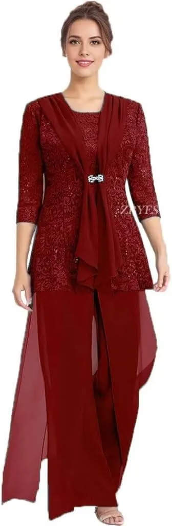 3 Pcs Mother of The Bride Pantsuit for Wedding Lace Sequins 3/4 Sleeves Formal Outfits with Jacket