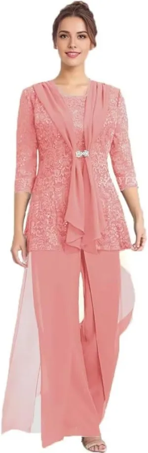 3 Pcs Mother of The Bride Pantsuit for Wedding Lace Sequins 3/4 Sleeves Formal Outfits with Jacket
