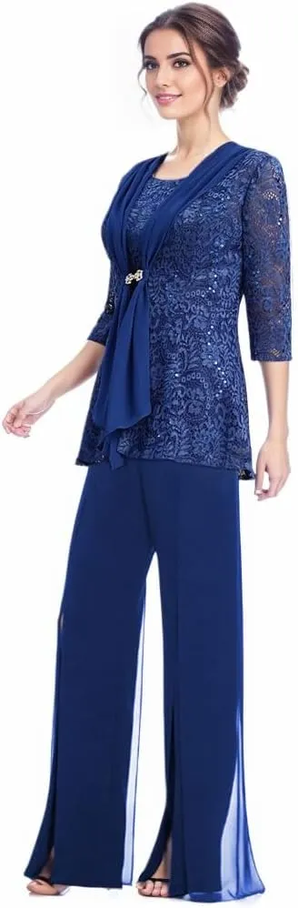 3 Pcs Mother of The Bride Pantsuit for Wedding Lace Sequins 3/4 Sleeves Formal Outfits with Jacket