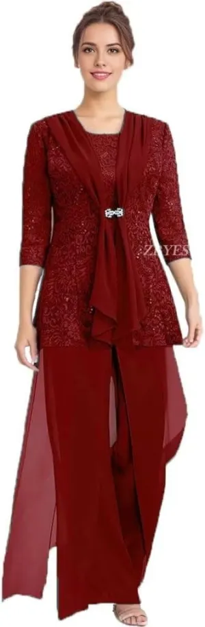 3 Pcs Mother of The Bride Pantsuit for Wedding Lace Sequins 3/4 Sleeves Formal Outfits with Jacket