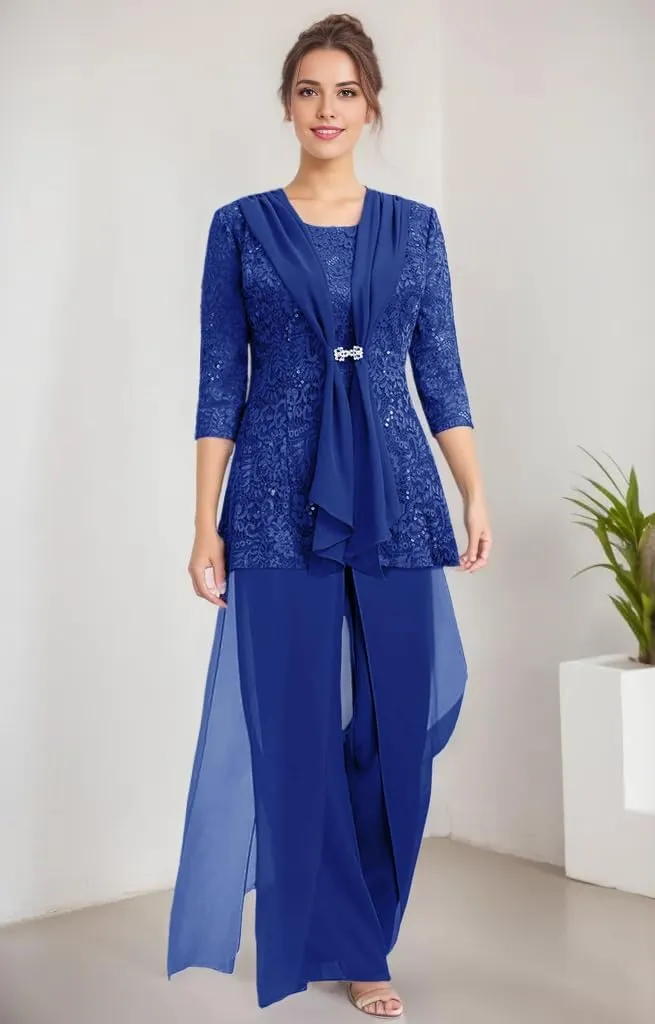 3 Pcs Mother of The Bride Pantsuit for Wedding Lace Sequins 3/4 Sleeves Formal Outfits with Jacket