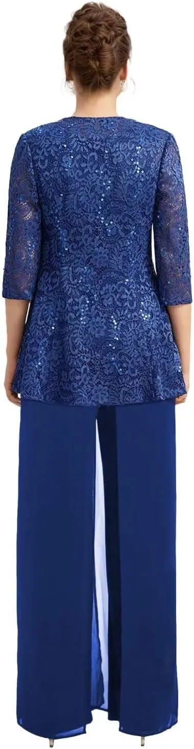 3 Pcs Mother of The Bride Pantsuit for Wedding Lace Sequins 3/4 Sleeves Formal Outfits with Jacket