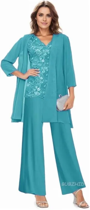 3 Pieces Mother of The Bride Dresses Pant Suit for Wedding Long Sleeves Formal Pants Outfit with Jacket