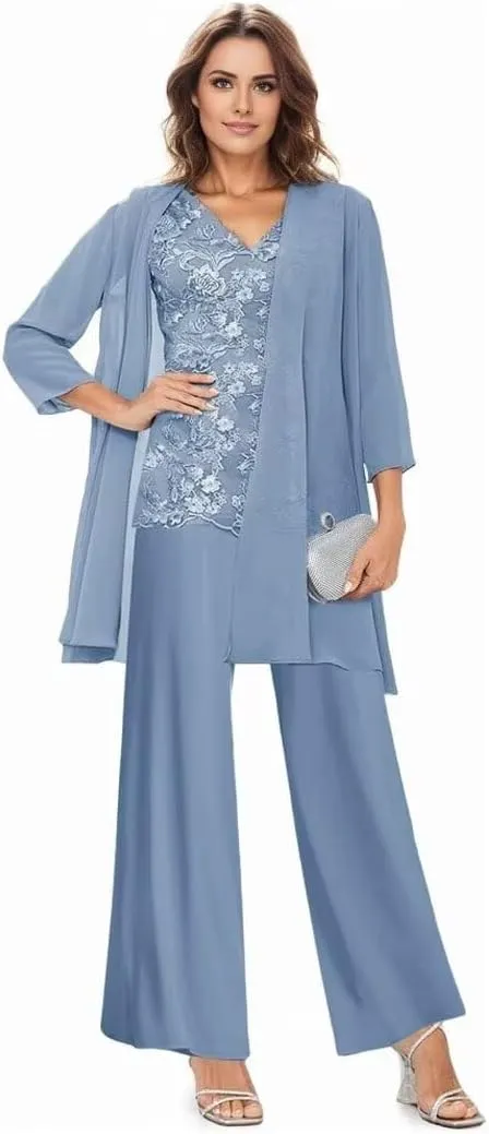 3 Pieces Mother of The Bride Dresses Pant Suit for Wedding Long Sleeves Formal Pants Outfit with Jacket