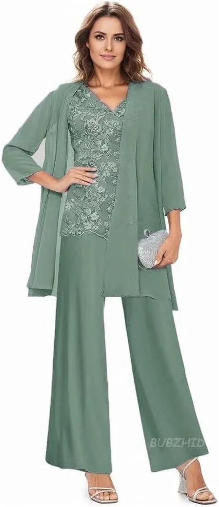 3 Pieces Mother of The Bride Dresses Pant Suit for Wedding Long Sleeves Formal Pants Outfit with Jacket
