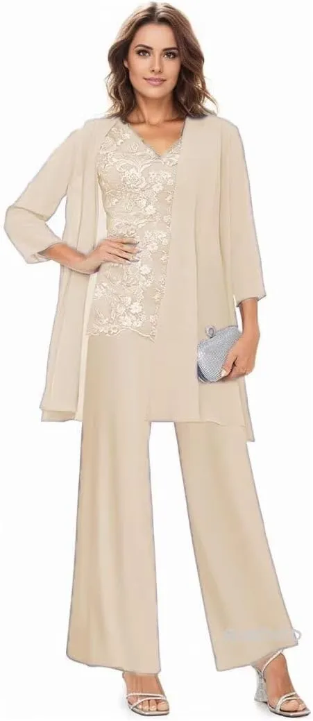 3 Pieces Mother of The Bride Dresses Pant Suit for Wedding Long Sleeves Formal Pants Outfit with Jacket