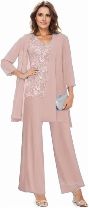 3 Pieces Mother of The Bride Dresses Pant Suit for Wedding Long Sleeves Formal Pants Outfit with Jacket