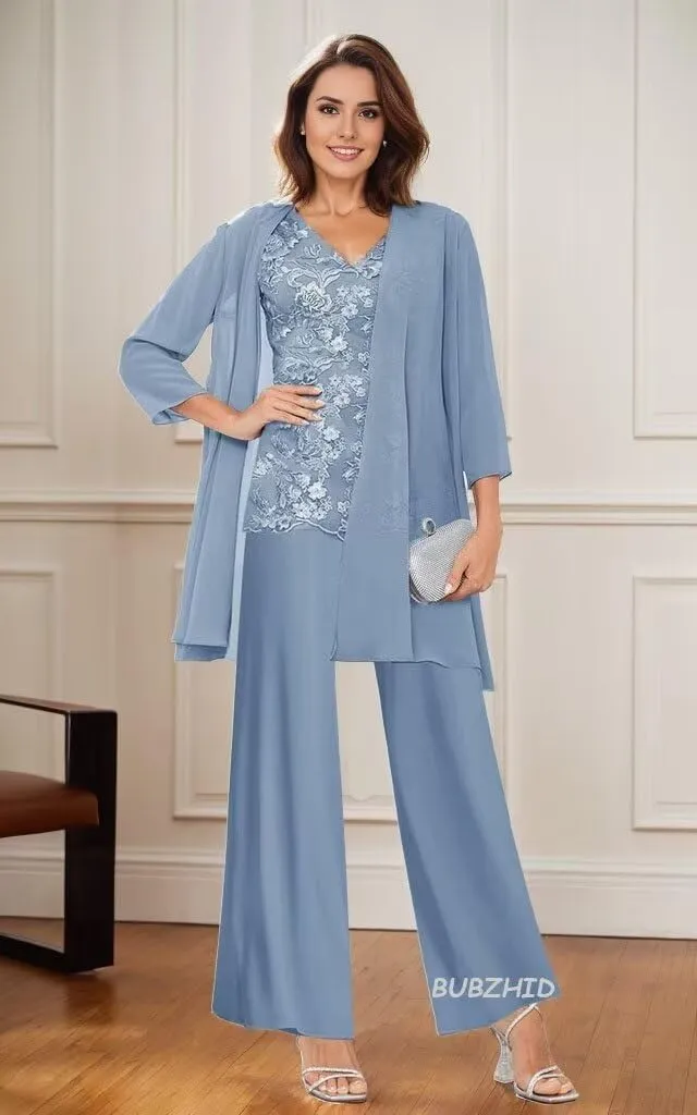 3 Pieces Mother of The Bride Dresses Pant Suit for Wedding Long Sleeves Formal Pants Outfit with Jacket