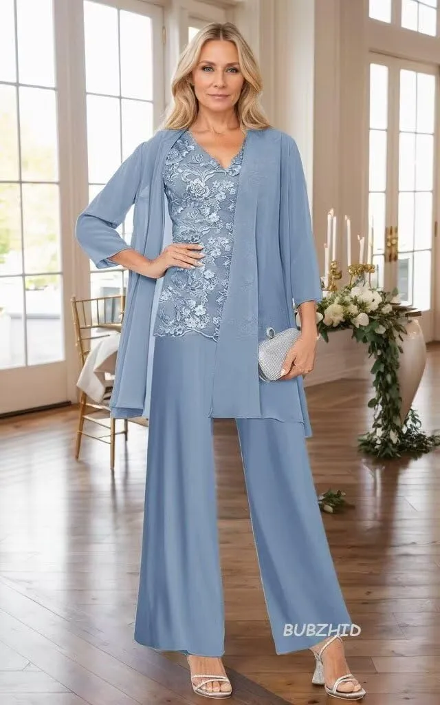 3 Pieces Mother of The Bride Dresses Pant Suit for Wedding Long Sleeves Formal Pants Outfit with Jacket
