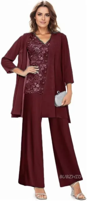 3 Pieces Mother of The Bride Dresses Pant Suit for Wedding Long Sleeves Formal Pants Outfit with Jacket