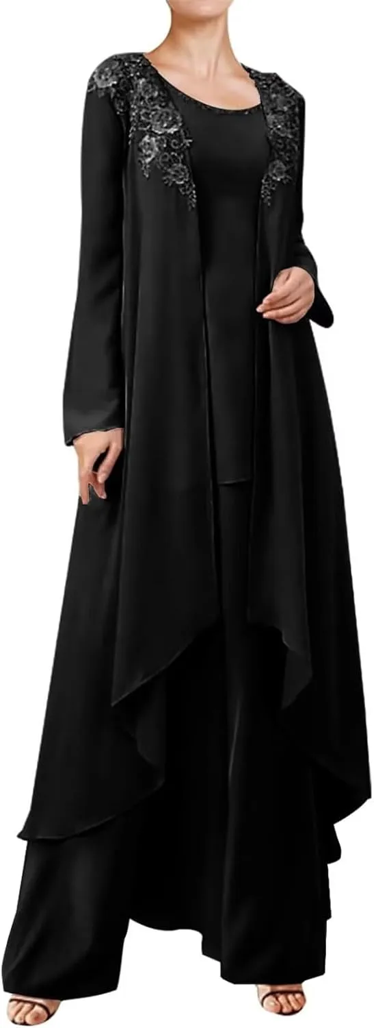 3 Pieces Mother of The Bride Dresses Pant Suits for Wedding Lace Chiffon Long Formal Gown Outfit Set with Jacket